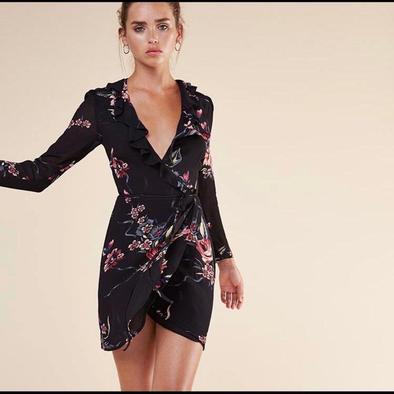Reformation Black Floral Ruffle Wrap Mini Dress Long Sleeve Viscose Womens M